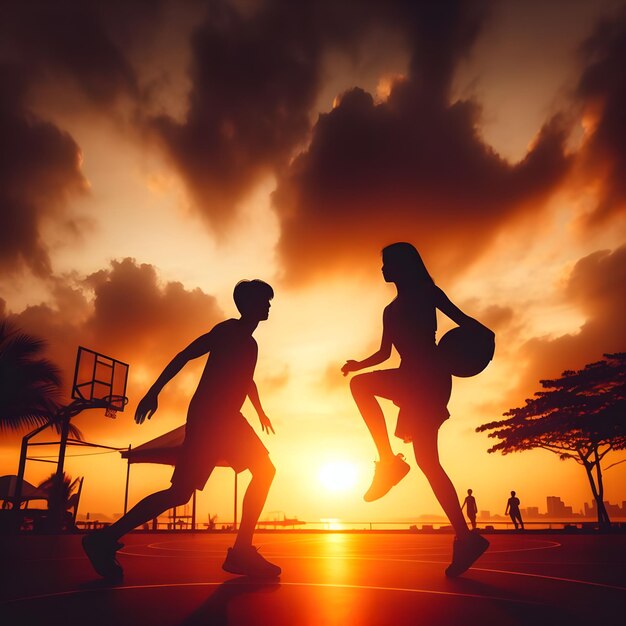 Foto una silueta de un hombre y una mujer jugando al baloncesto contra un cielo al atardecer