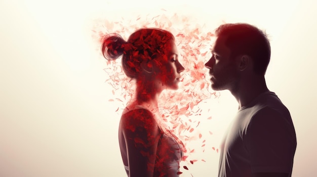 Silueta de un hombre y una mujer mirándose el uno al otro con corazones rojos flotando alrededor