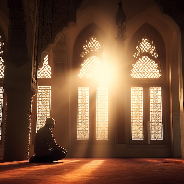 Silueta de un hombre musulmán orando dentro de la mezquita