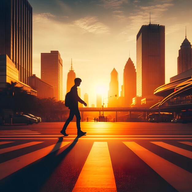 Foto silueta de un hombre de negocios caminando por un cruce peatonal en la ciudad al atardecer