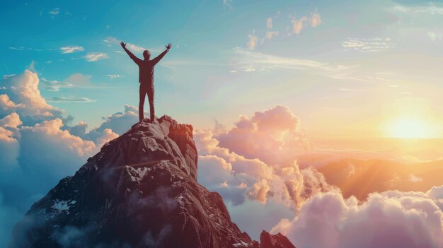 Silueta de un hombre de negocios celebrando levantando los brazos en la cima de la montaña con un cielo azul y la luz del sol
