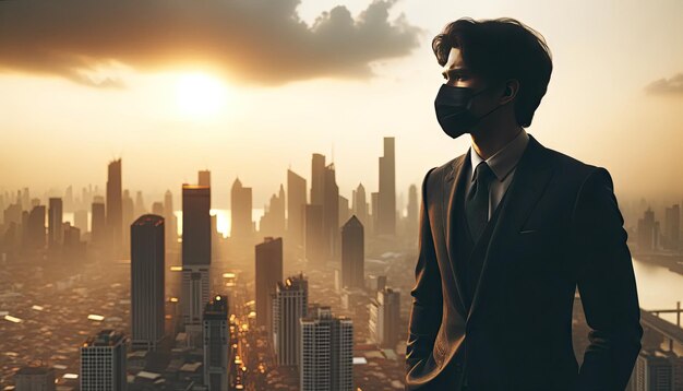 Una silueta de un hombre de negocios con una máscara se encuentra frente a un paisaje urbano bañado en el cálido resplandor de una puesta de sol que evoca temas de resiliencia empresarial en tiempos desafiantes