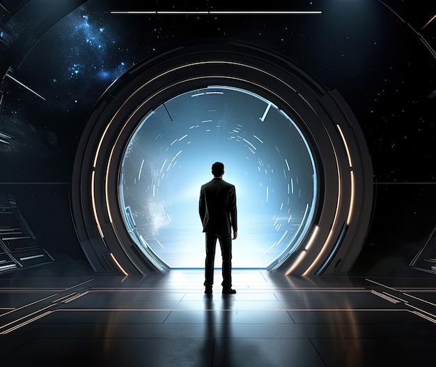 Foto silueta de un hombre de negocios de pie en un túnel espacial futurista