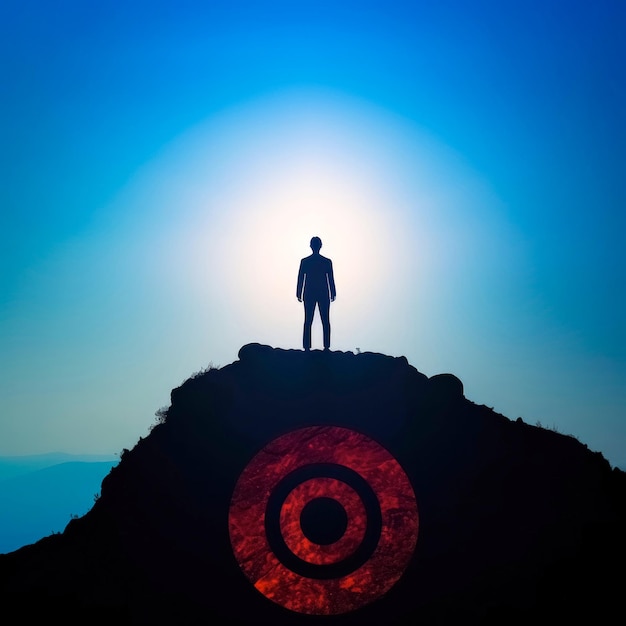 Silueta de hombre de negocios sosteniendo tablero de destino en la cima de la montaña con cielo azul