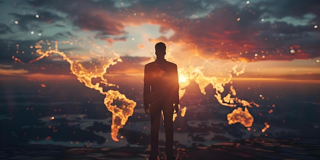 Foto silueta de hombre de negocios con superposición de amanecer y concepto de fondo del mapa de la red global concept business silhouette sunrise global network map