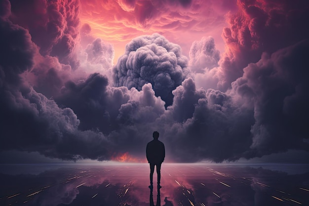 Silueta de un hombre parado en medio de un cielo tormentoso Representación 3D de la portada de un álbum emo con elementos de onda sintética de alguien mirando una pantalla de televisión de nubes grises Generada por IA