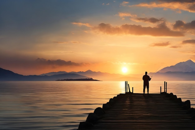 Silueta de un hombre pescando en el muelle al atardecer