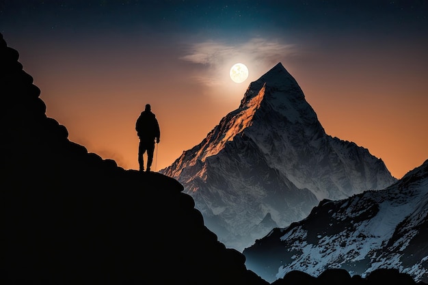 Silueta hombre de pie en la cima de la majestuosa montaña del Himalaya AI generativo AIG15