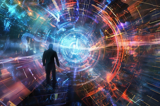 Silueta de un hombre de pie frente a un portal luminoso futurista