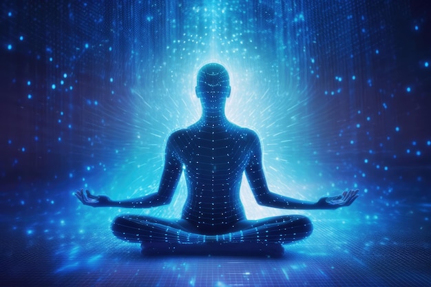 Una silueta de hombre en pose de meditación llena y rodeada de código binario que representa la fusión de la conciencia humana y los datos digitales Ilustración generativa de IA