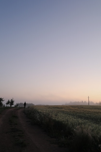 Silueta de un hombre que camina en un paisaje escénico al amanecer.