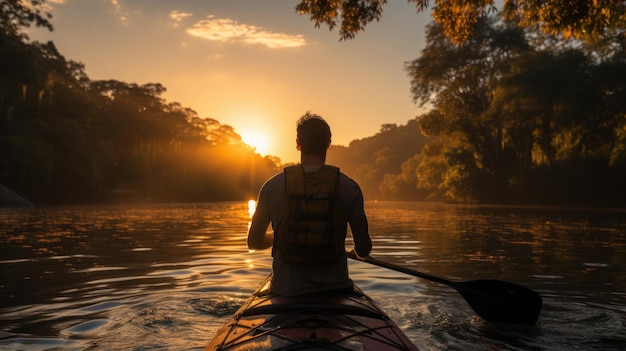 Silueta de un hombre remando un kayak en el río al atardecer