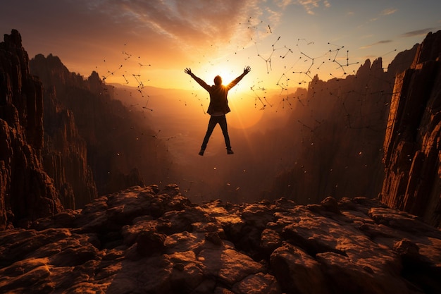 Foto silueta del hombre saltando sobre el abismo que simboliza el triunfo de la vida al amanecer.