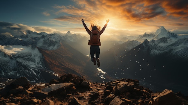 Foto silueta de hombre saltando sobre la cima de la montaña