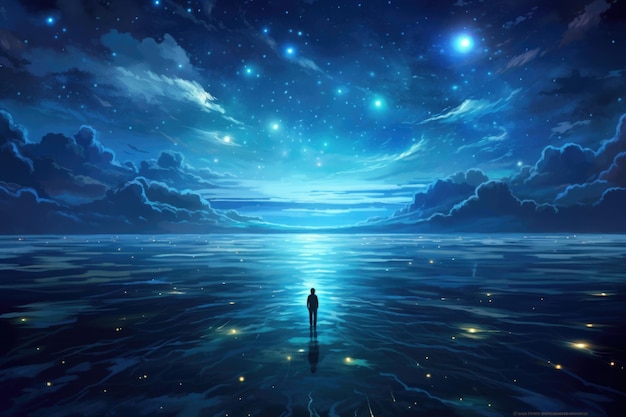 Silueta de hombre solitario mirando el cielo por la noche Hombre solitario de pie en un paisaje fantástico cerca del océano con un cielo nublado brillante Meditación y vida espiritual
