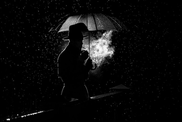 Silueta de un hombre con un sombrero bajo un paraguas Fumando un cigarrillo por la noche bajo la lluvia en el estilo antiguo crimen Noir