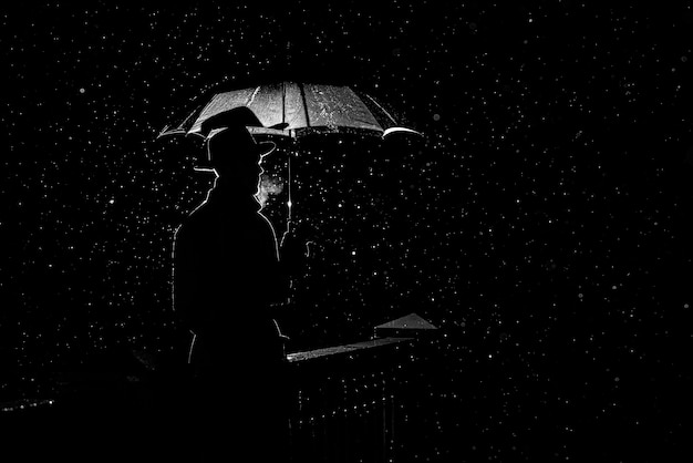 Silueta de un hombre con un sombrero bajo un paraguas por la noche bajo la lluvia en la ciudad en el antiguo estilo crimen Noir