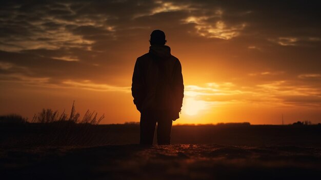 Silueta de un hombre en un sombrero en la puesta del sol backgroundgenerative ai