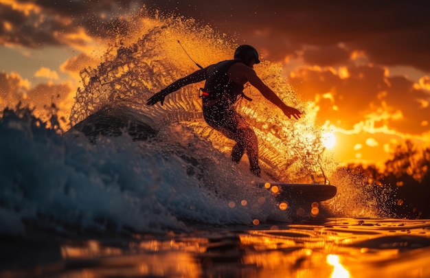 Silueta del hombre surfeando en la ola durante una increíble puesta de sol