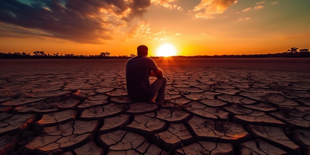 Silueta Hombre Triste en Crackle Earth Cambio Climático y Calentamiento Global Concepto Generativo Ai