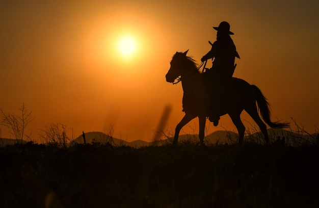 La silueta de un hombre con un vestido de vaquero con un caballo y un arma en la mano