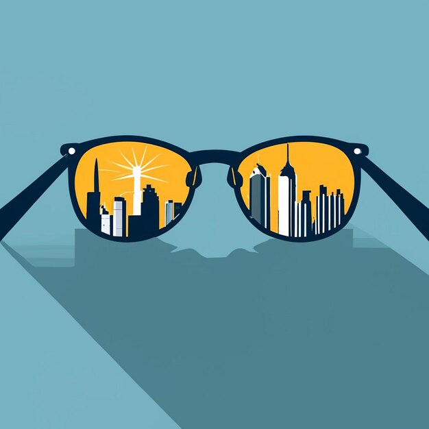 La silueta del horizonte de la ciudad reflejada en las gafas de sol Ilustración vectorial AI_Generated