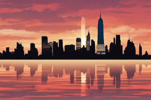 Silueta del horizonte de Nueva York con las Torres Gemelas y la bandera de los Estados Unidos al atardecer Día del Patriota Americano