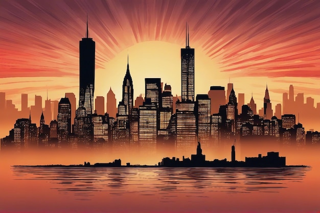 Silueta del horizonte de Nueva York con las torres gemelas y la bandera de los Estados Unidos al atardecer