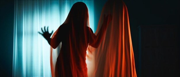 Foto silueta de horror en la ventana con cortina dentro del dormitorio por la noche