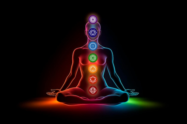 Foto silueta humana con un resplandor multicolor en la posición del loto postura de yoga chakras