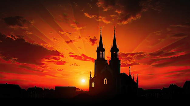 Silueta de la iglesia católica contra la puesta de sol