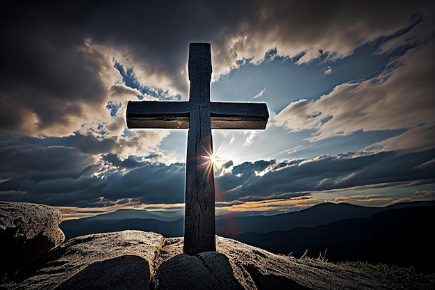 Silueta de una iglesia cruzada en la cima de una montaña AI generativa