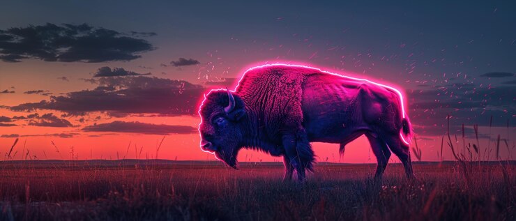 Foto silueta iluminada de un bisonte en las llanuras