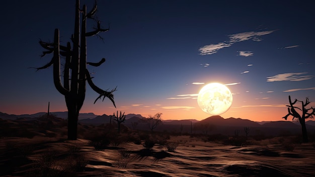 Silueta iluminada por la luna de un cacto Saguaro en el paisaje del desierto