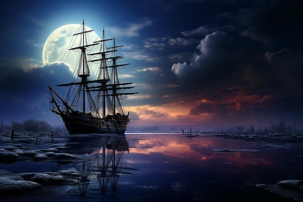 Silueta iluminada por la luna de veleros o barcos en el agua