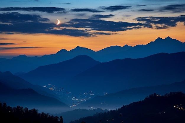 Silueta iluminada pela lua de uma cordilheira ou cume