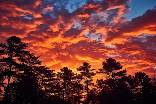 La silueta iluminada por el sol de los árboles contra una puesta de sol colorida