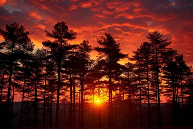 La silueta iluminada por el sol de los árboles contra una puesta de sol colorida