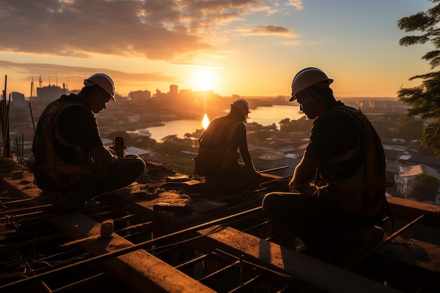 Silueta de ingeniero y trabajador revisando el proyecto en el fondo del sitio de construcción superior AI generativa