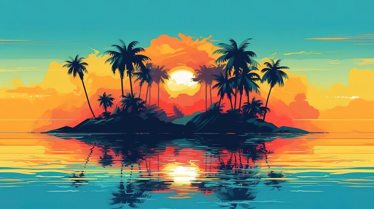 Silueta de isla tropical rodeada de agua en el horizonte puesta de sol Color brillante Generativo ai