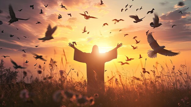 Foto silueta de jesucristo abriendo dos manos y la palma hacia arriba con pájaros volando sobre el fondo del amanecer de otoño