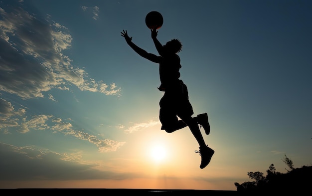 La silueta de un joven al atardecer saltando jugando al baloncesto con la pelota