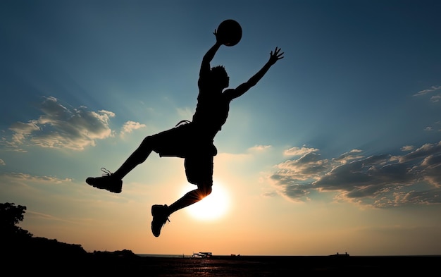 La silueta de un joven al atardecer saltando jugando al baloncesto con la pelota