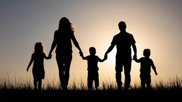Una silueta de una joven madre feliz familia armoniosa al aire libre