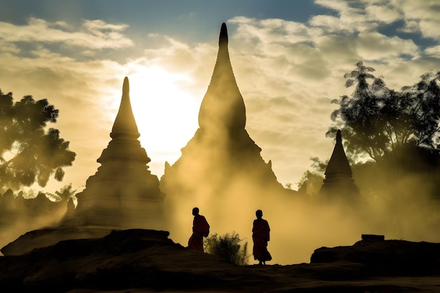 Silueta de jóvenes monjes budistas novatos caminando con fondo de pagodas durante el amanecer en Myanmar