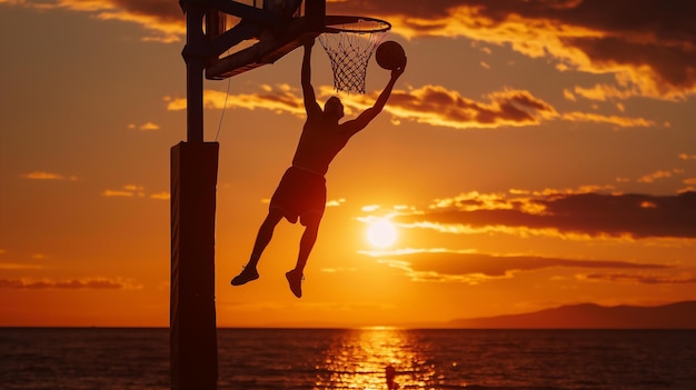 Silueta de un jugador de baloncesto sumergiéndose al atardecer con el océano en el fondo