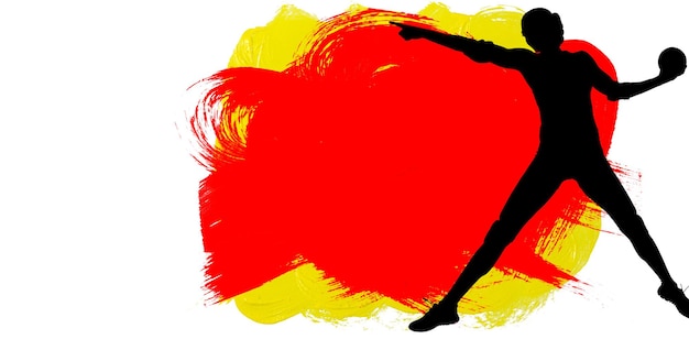 Silueta de jugador de balonmano femenino contra trazos de pincel de pintura roja y amarilla sobre fondo blanco.