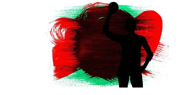 Silueta de jugador de balonmano femenino contra trazos de pincel de pintura roja, verde y negra