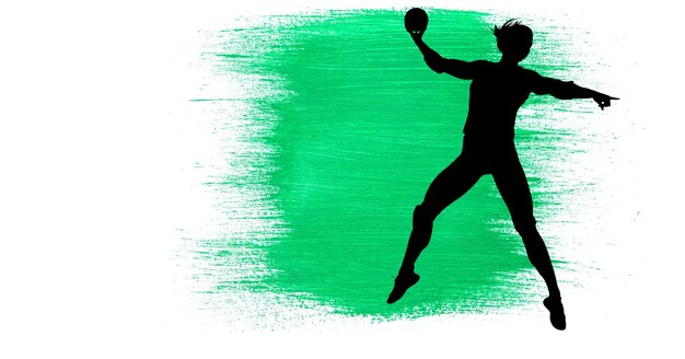 Foto silueta de jugador de balonmano femenino contra trazos de pincel de pintura verde sobre fondo blanco.