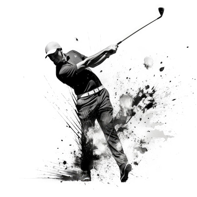 Silueta de un jugador de golf golpeando una pelota en un contorno blanco y negro Imagen generada por IA